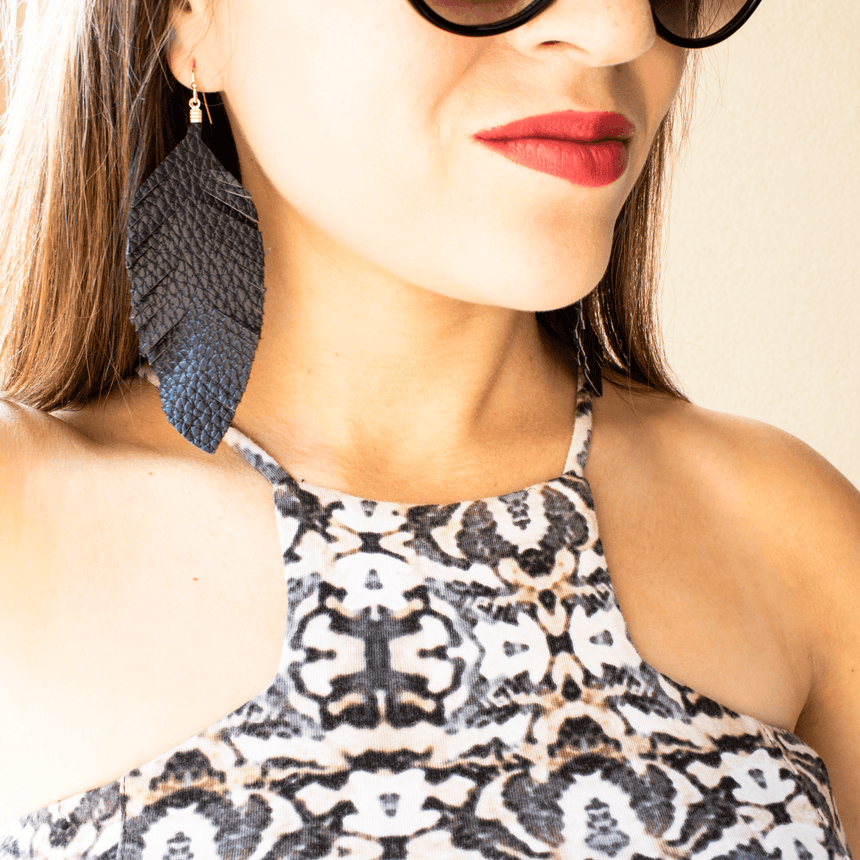 Black Fabric Feather Earrings Model View