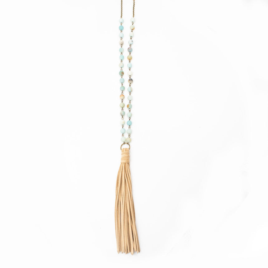 Long Beaded Tan Suede Tassel Necklace - Arlo and Arrows