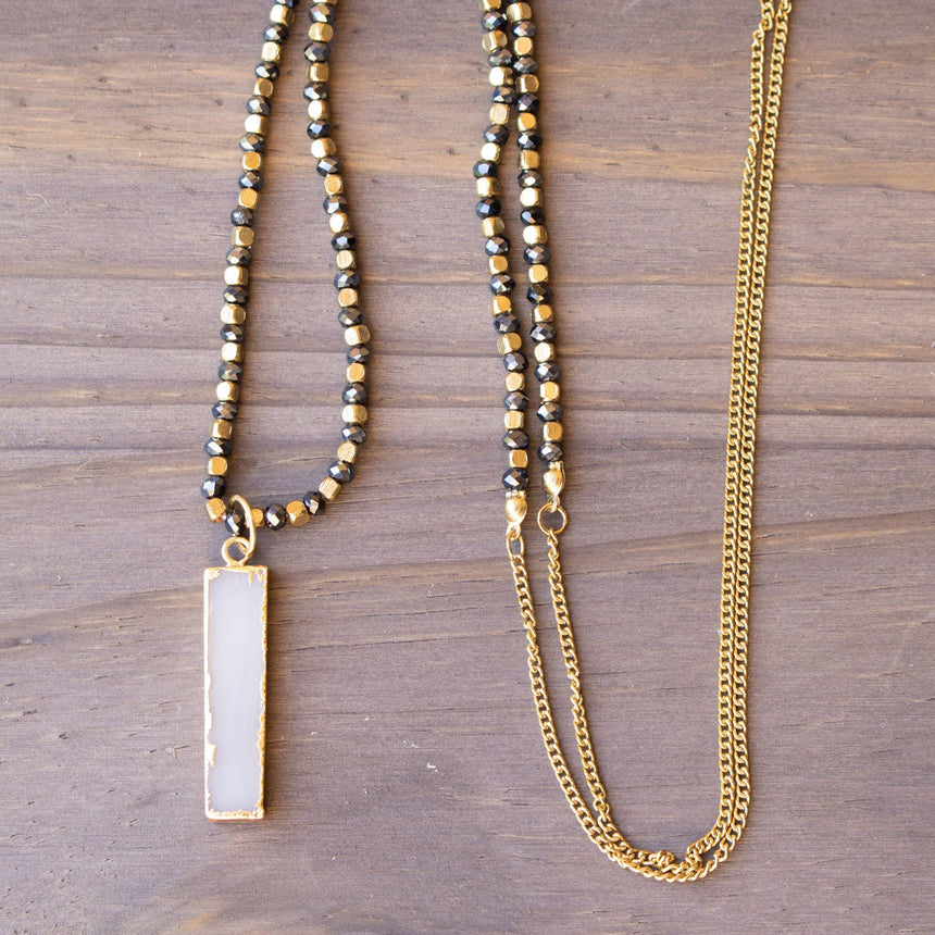 Midnight Blue And Gold Beaded Necklace With Petite Rectangular Stone Pendant - Arlo and Arrows