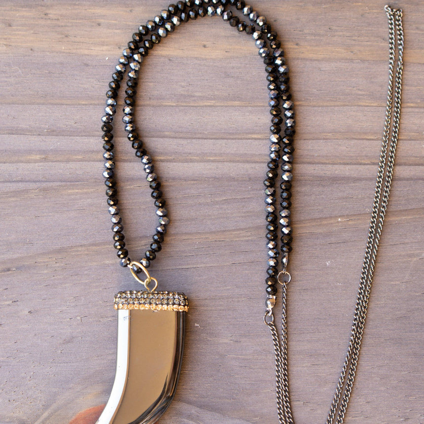 Beaded Necklace With Crystal Rhinestone Hematite Pendant - Arlo and Arrows