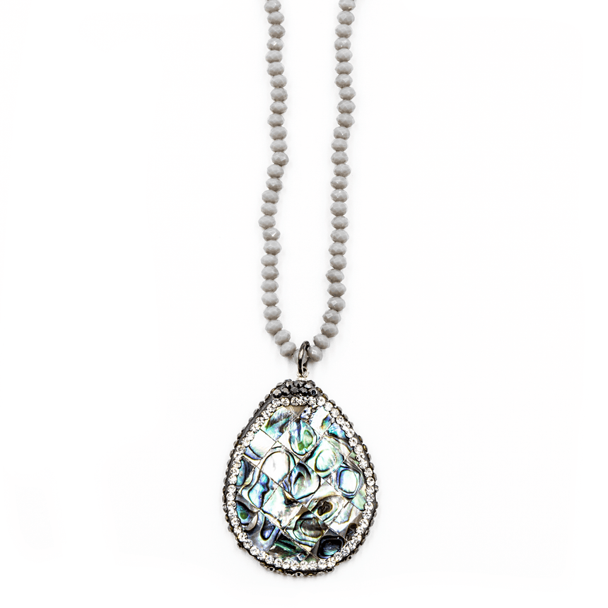 Grey Crystal Beaded Necklace With Crystal Rhinestone Druzy Rainbow Shell Pendant - Arlo and Arrows