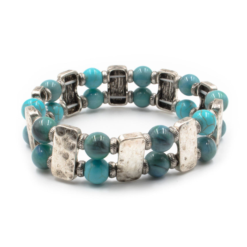 Silver Hammered Metal & Semi Precious Beads Stretch Bracelet (2 Variations) - Arlo and Arrows