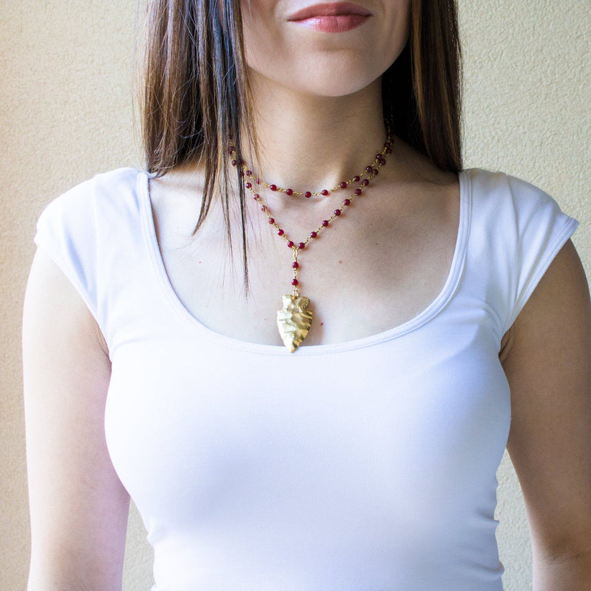 Double Layer Lariat with Gold Arrow in Burgundy - Arlo and Arrows