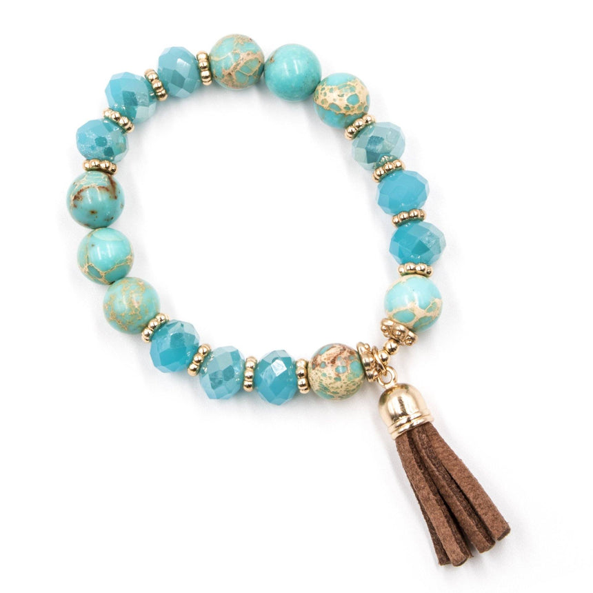 Multi-Beaded Turquoise Bracelet with Suede Tassel - Arlo and Arrows
