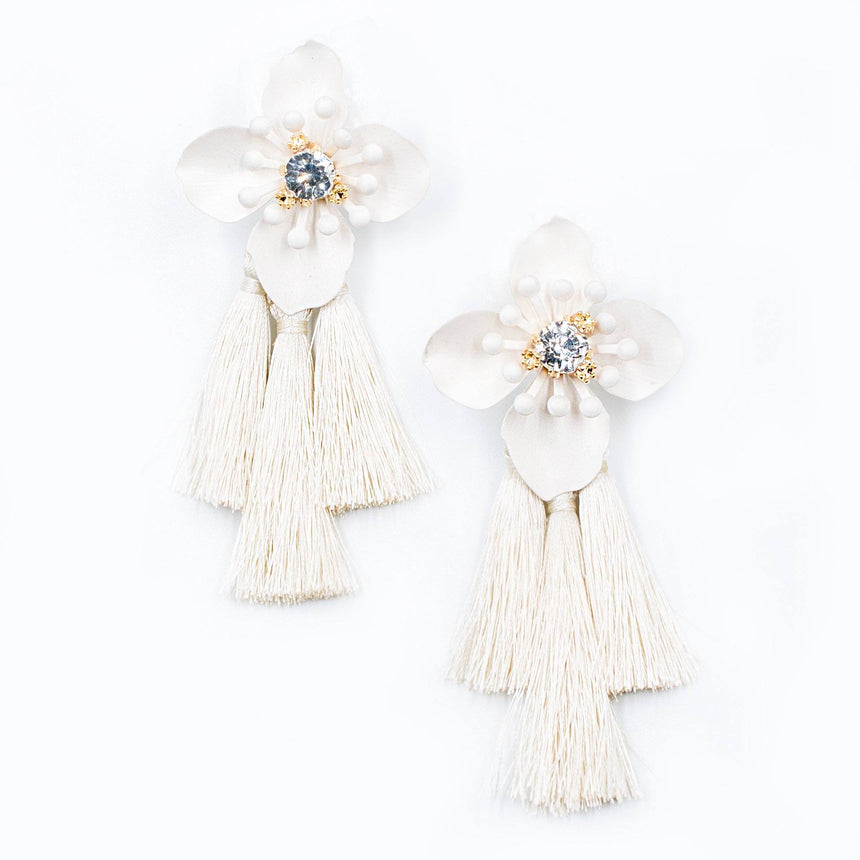 Ivory Floral Tassel Drop Statement Earrings - Arlo and Arrows